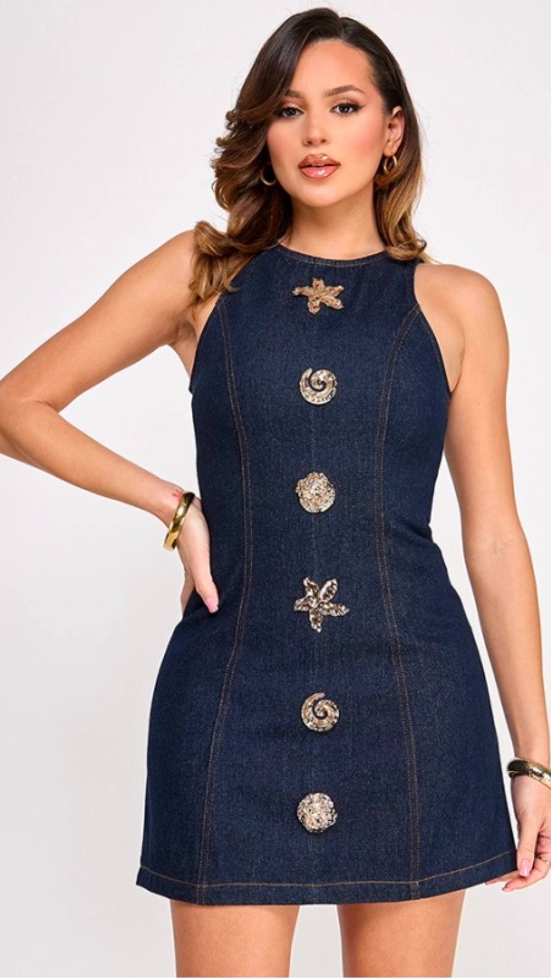 Denim Dress with Gold Buttons